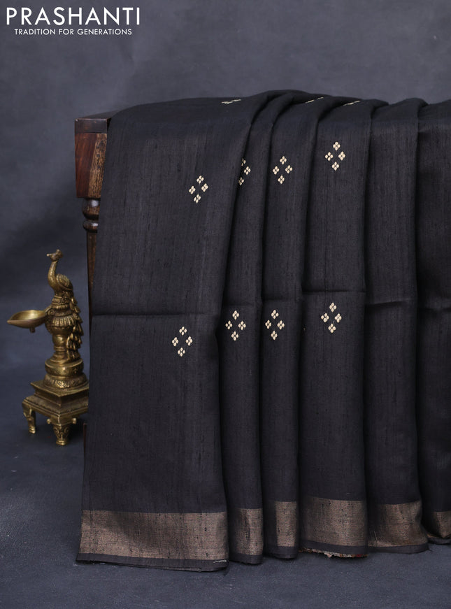 Pure dupion silk saree black and beige with thread woven buttas and kalamkari printed pallu