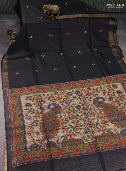 Pure dupion silk saree black and beige with thread woven buttas and kalamkari printed pallu