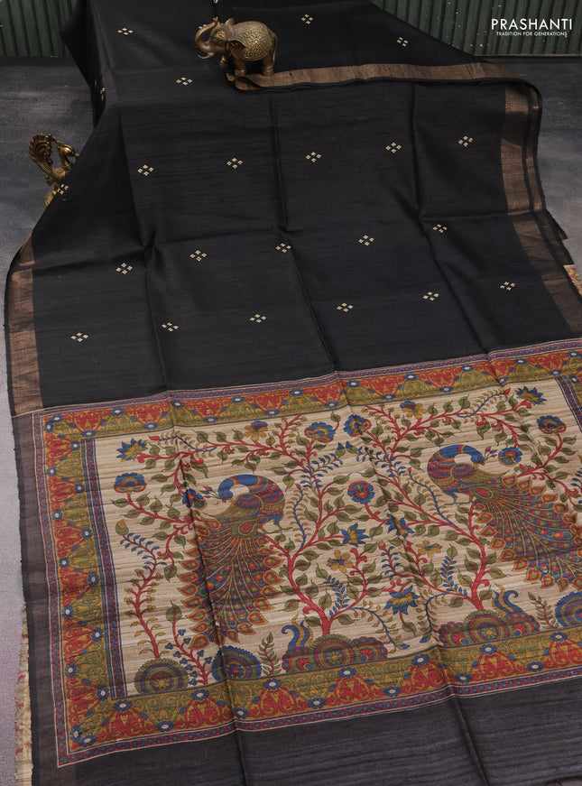 Pure dupion silk saree black and beige with thread woven buttas and kalamkari printed pallu