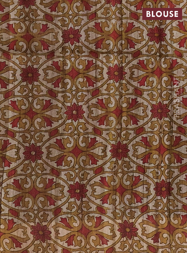 Pure dupion silk saree black and beige with thread woven buttas and kalamkari printed pallu