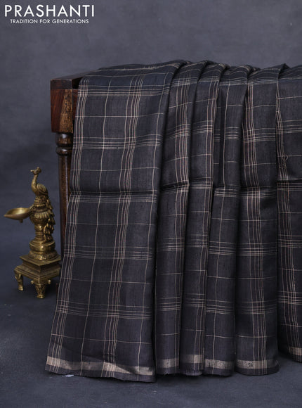 Pure dupion silk saree black with allover zari checked pattern and madhubani printed pallu