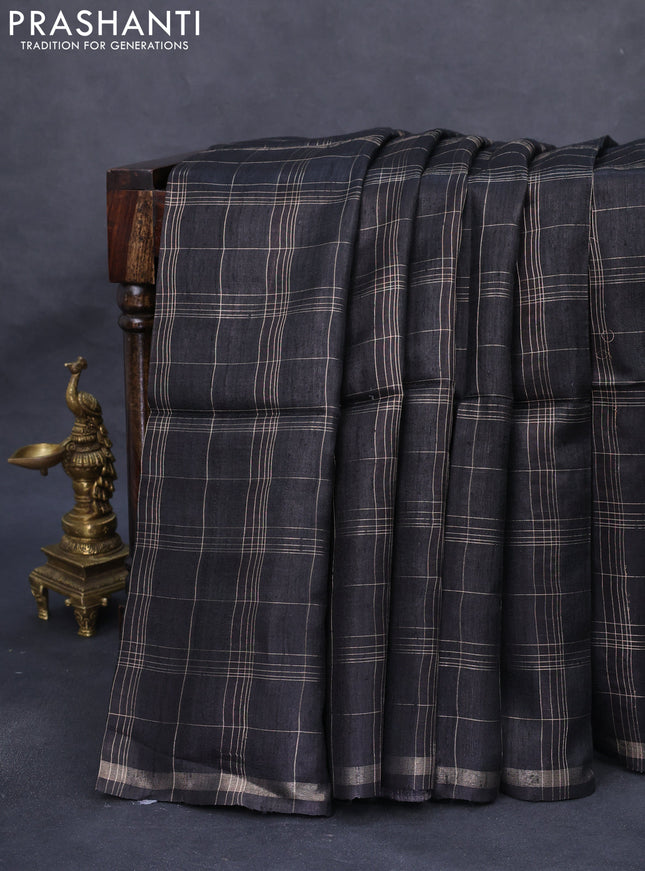 Pure dupion silk saree black with allover zari checked pattern and madhubani printed pallu