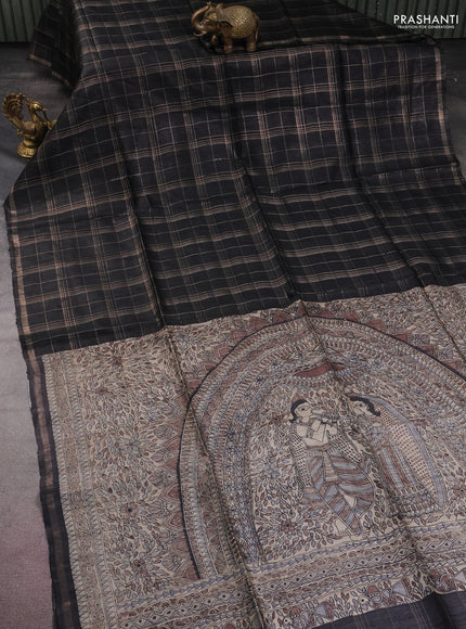 Pure dupion silk saree black with allover zari checked pattern and madhubani printed pallu