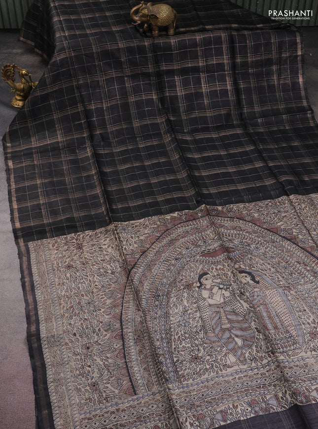 Pure dupion silk saree black with allover zari checked pattern and madhubani printed pallu