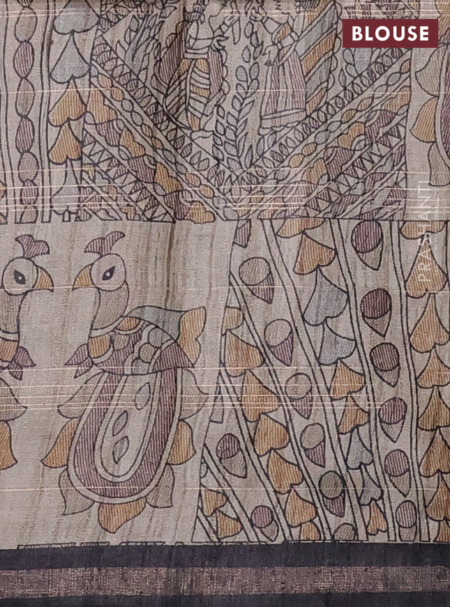 Pure dupion silk saree black with allover zari checked pattern and madhubani printed pallu