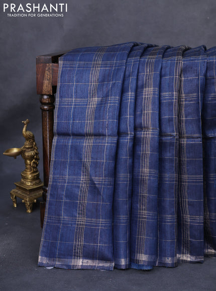 Pure dupion silk saree peacock blue and beige with allover zari checked pattern and madhubani printed pallu