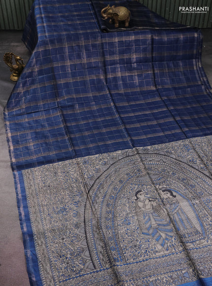 Pure dupion silk saree peacock blue and beige with allover zari checked pattern and madhubani printed pallu