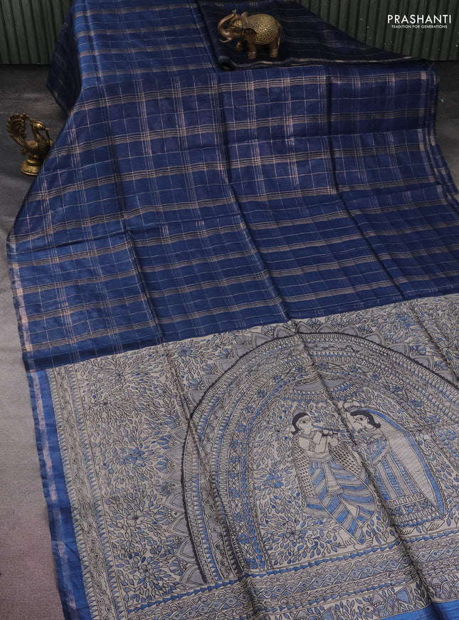 Pure dupion silk saree peacock blue and beige with allover zari checked pattern and madhubani printed pallu
