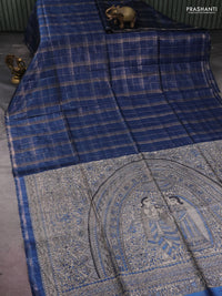 Pure dupion silk saree peacock blue and beige with allover zari checked pattern and madhubani printed pallu