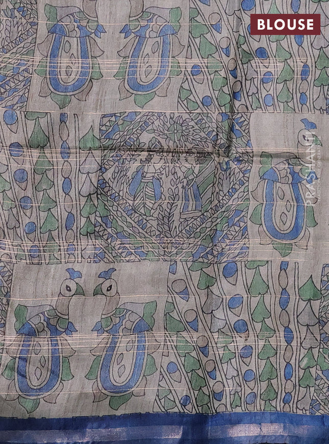 Pure dupion silk saree peacock blue and beige with allover zari checked pattern and madhubani printed pallu