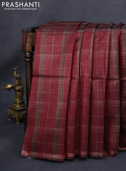 Pure dupion silk saree maroon and beige with allover zari checked pattern and madhubani printed pallu