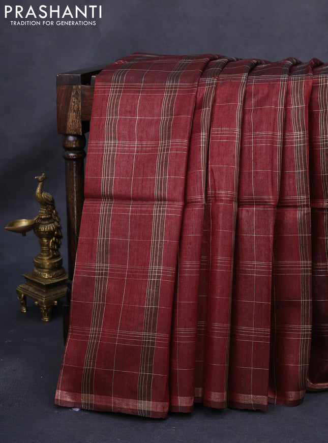 Pure dupion silk saree maroon and beige with allover zari checked pattern and madhubani printed pallu