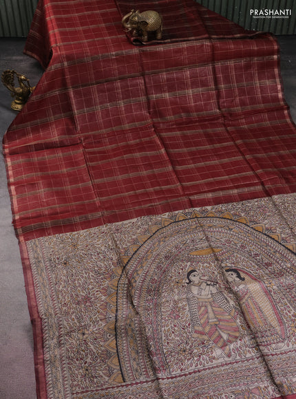 Pure dupion silk saree maroon and beige with allover zari checked pattern and madhubani printed pallu