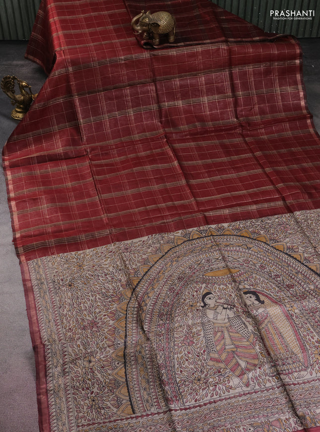 Pure dupion silk saree maroon and beige with allover zari checked pattern and madhubani printed pallu