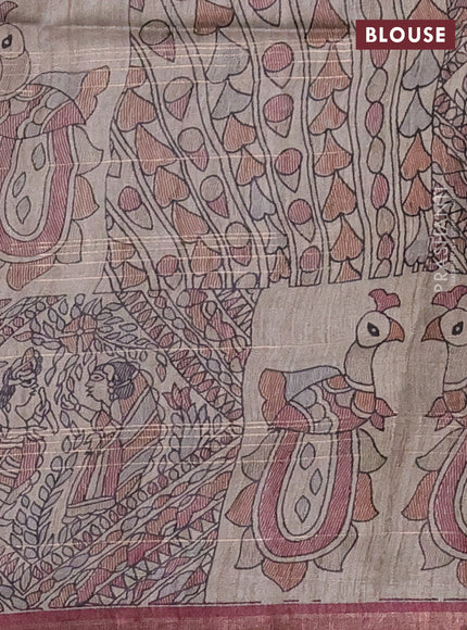 Pure dupion silk saree maroon and beige with allover zari checked pattern and madhubani printed pallu