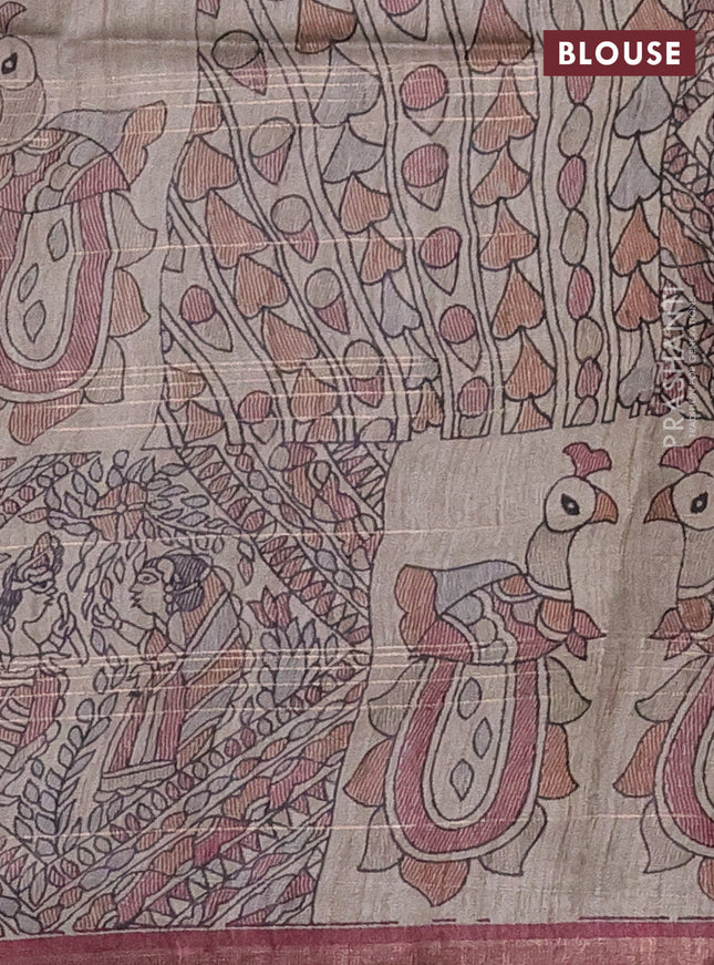 Pure dupion silk saree maroon and beige with allover zari checked pattern and madhubani printed pallu