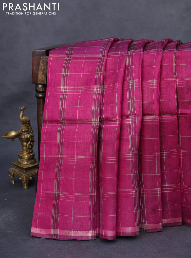 Pure dupion silk saree dark magenta pink and beige with allover zari checked pattern and madhubani printed pallu