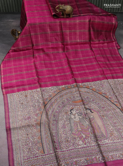 Pure dupion silk saree dark magenta pink and beige with allover zari checked pattern and madhubani printed pallu