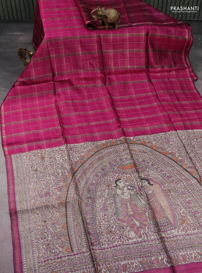 Pure dupion silk saree dark magenta pink and beige with allover zari checked pattern and madhubani printed pallu