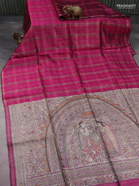 Pure dupion silk saree dark magenta pink and beige with allover zari checked pattern and madhubani printed pallu