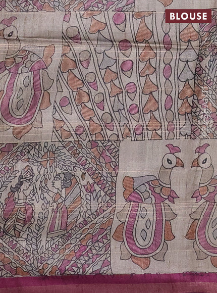 Pure dupion silk saree dark magenta pink and beige with allover zari checked pattern and madhubani printed pallu