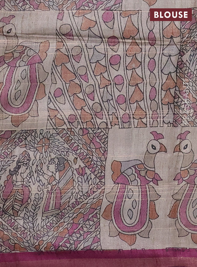 Pure dupion silk saree dark magenta pink and beige with allover zari checked pattern and madhubani printed pallu