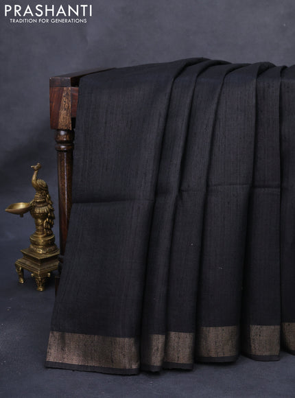 Pure dupion silk saree black and beige with plain body and ikat printed pallu