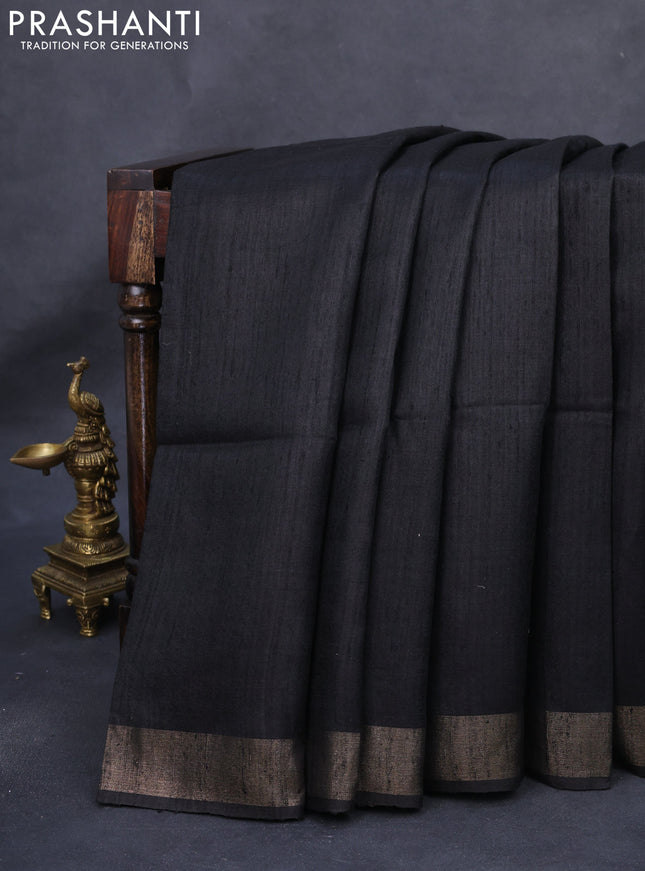 Pure dupion silk saree black and beige with plain body and ikat printed pallu