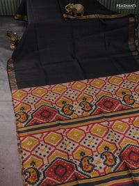 Pure dupion silk saree black and beige with plain body and ikat printed pallu
