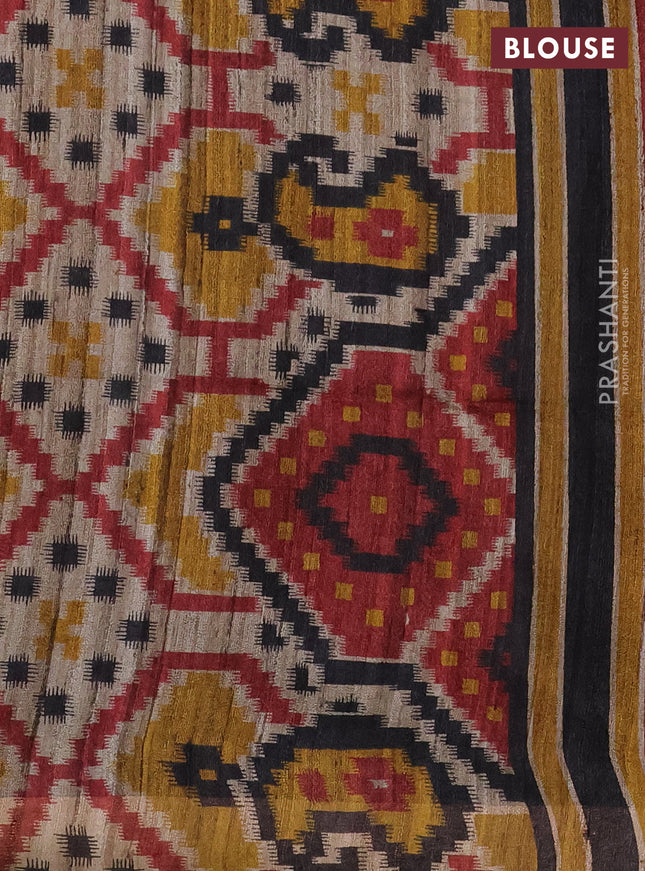 Pure dupion silk saree black and beige with plain body and ikat printed pallu