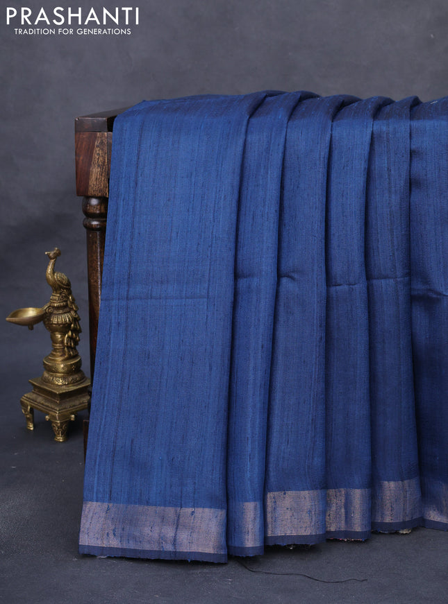 Pure dupion silk saree peacock blue and beige with plain body and ikat printed pallu