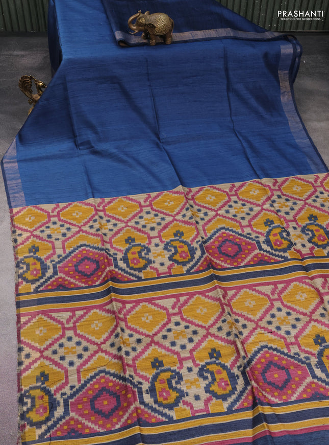 Pure dupion silk saree peacock blue and beige with plain body and ikat printed pallu