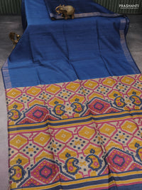 Pure dupion silk saree peacock blue and beige with plain body and ikat printed pallu