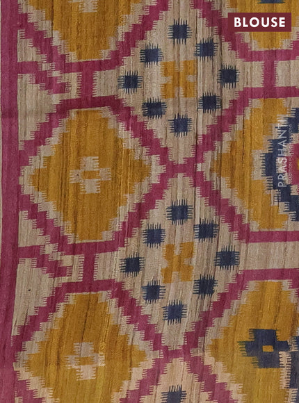 Pure dupion silk saree peacock blue and beige with plain body and ikat printed pallu