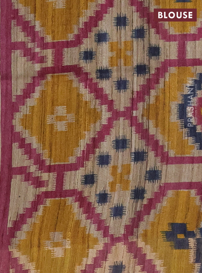 Pure dupion silk saree peacock blue and beige with plain body and ikat printed pallu