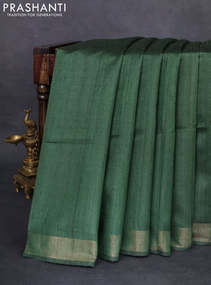Pure dupion silk saree sap green and beige with plain body and ikat printed pallu