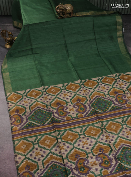 Pure dupion silk saree sap green and beige with plain body and ikat printed pallu
