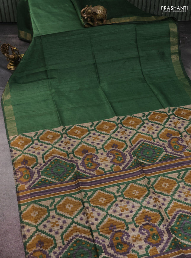 Pure dupion silk saree sap green and beige with plain body and ikat printed pallu