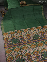 Pure dupion silk saree sap green and beige with plain body and ikat printed pallu