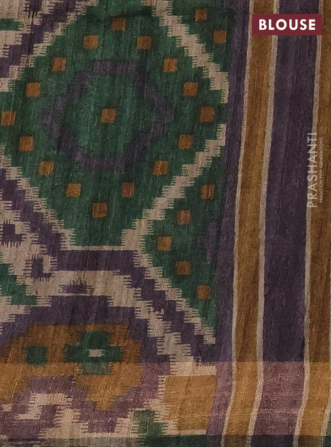 Pure dupion silk saree sap green and beige with plain body and ikat printed pallu