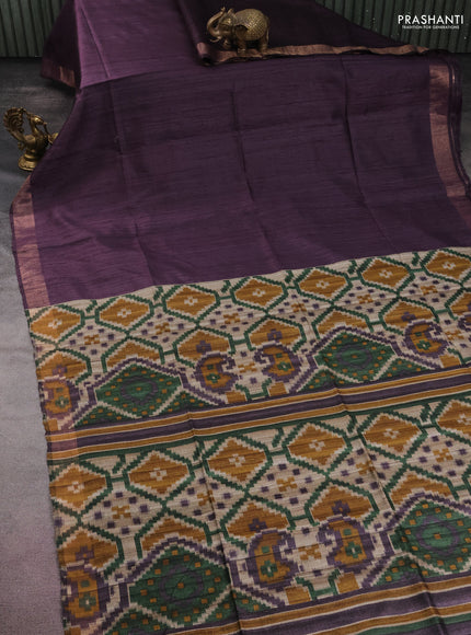Pure dupion silk saree wine shade and beige with plain body and ikat printed pallu