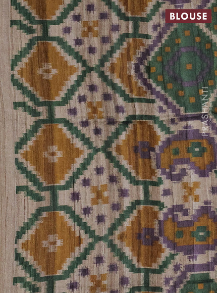 Pure dupion silk saree wine shade and beige with plain body and ikat printed pallu