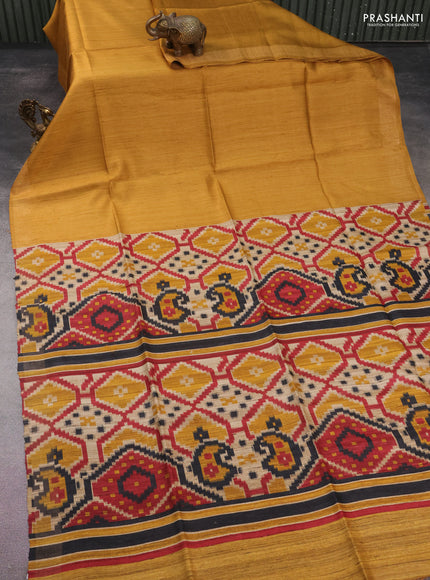 Pure dupion silk saree mustard yellow and beige with plain body and ikat printed pallu