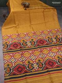 Pure dupion silk saree mustard yellow and beige with plain body and ikat printed pallu