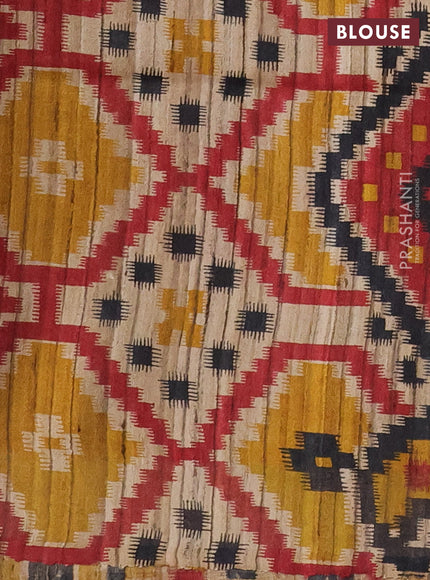 Pure dupion silk saree mustard yellow and beige with plain body and ikat printed pallu