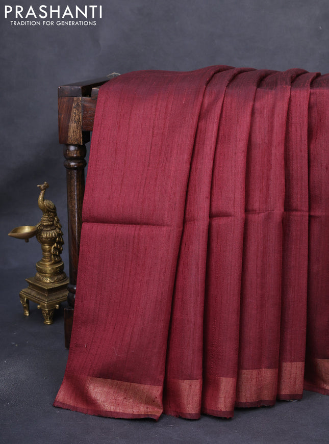 Pure dupion silk saree maroon and beige with plain body and ikat printed pallu