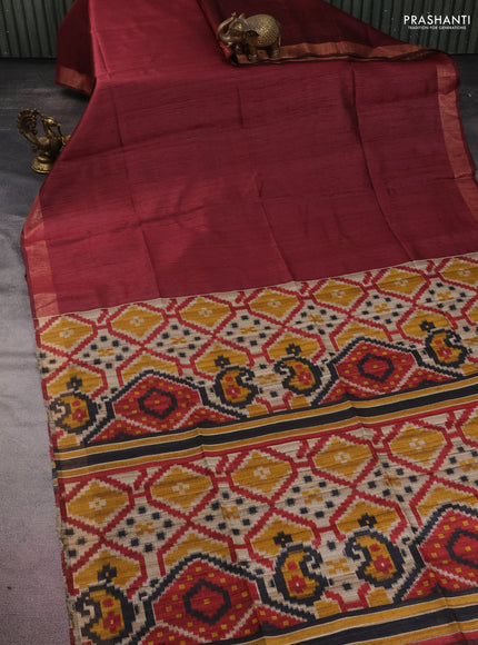 Pure dupion silk saree maroon and beige with plain body and ikat printed pallu