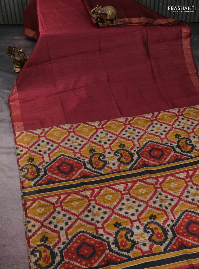 Pure dupion silk saree maroon and beige with plain body and ikat printed pallu