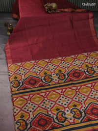 Pure dupion silk saree maroon and beige with plain body and ikat printed pallu