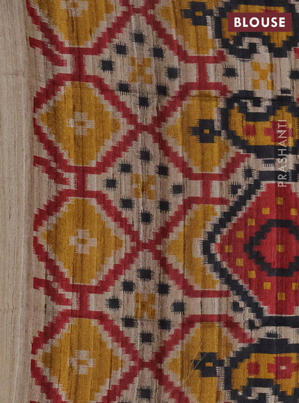 Pure dupion silk saree maroon and beige with plain body and ikat printed pallu